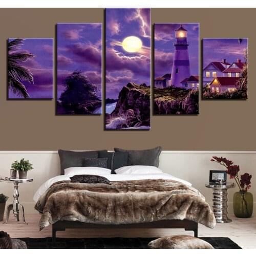 Full Square round Diamond Painting coastal Village House Lighthouse Moonlit Night 5D DIY Diamond Embroidery Mosaic Art Kits N798