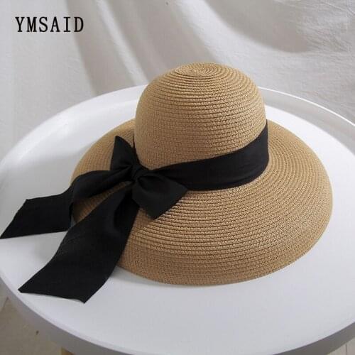 2020 Summer womens Big Bow Sun Hat Hepburn Style Vintage Design Wide side Straw Hat Solid Color Anti-UV Holiday Beach Hat