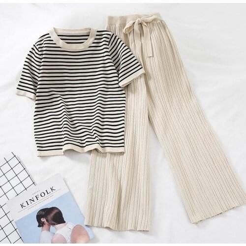 Sping Summer T-Shirt Womens Cute Two Pieces Home Suit Long Pant+Short Tops Female Fashion Stripe Casual Homewear T-Shirts Set