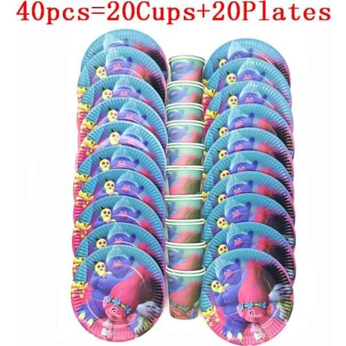 High Quality Party Decoration Trolls Theme 20/pcs40Pcs Wedding Birthday Party Paper Cups Plates Party Supplies For 10/20 People