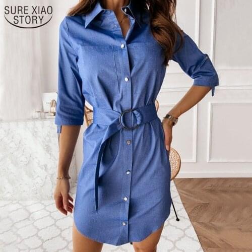 New Solid Color Womens Shirts with Strap Waist Blouse Three Quarter Sleeve Denim Shirt Single Breasted Top Female Blusas 12646