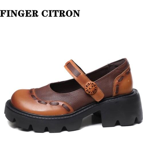 Finger Citron Women Mary Janes Genuine Cow Leather For Spring And Autumn Platform Round Toe EVA Outsole By Handmade Size 35-40