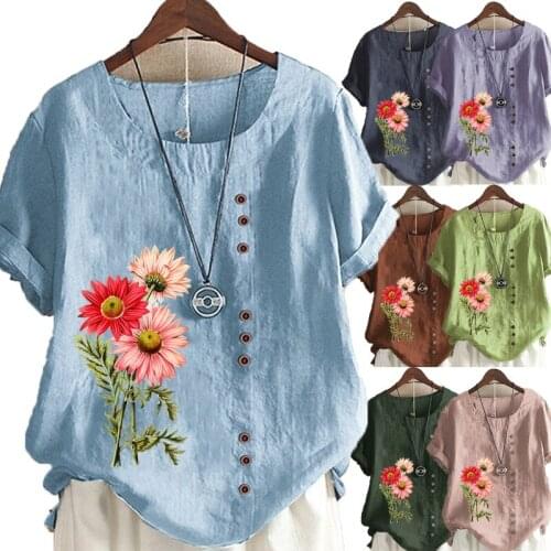 Womens Casual Flowers Printed Linen Tops Round Neck Short Sleeved Plus Size T-Shirt Loose Graphic Blouse