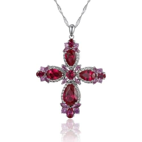 GZ ZONGFA Luxury Red Gemstone 925 Sterling Silver Pendant Custom Women Fine Jewelry Cross Necklace