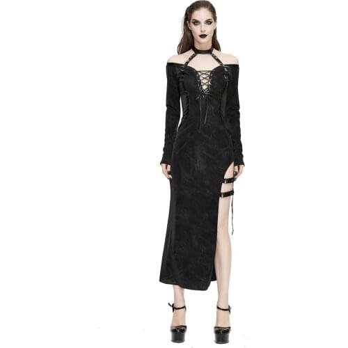 Punk Women Dress Dark Black Long Dress Sexy Off Shoulder Irregular Shape Hollow Out Women Clothing