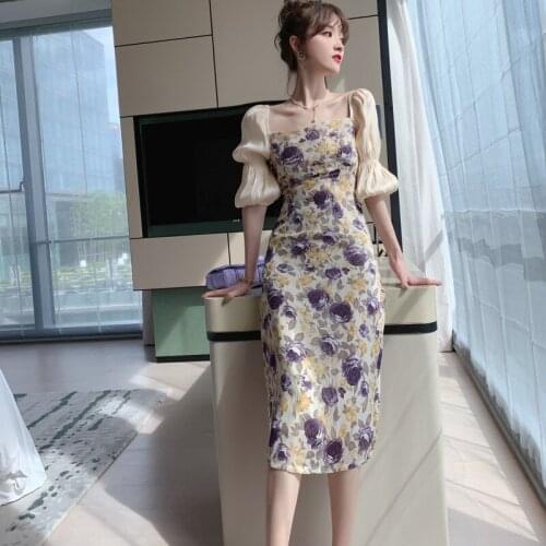 Print Floral Causal Summer Dresses for Women 2021 Corset Midi Wrap Half Puff Sleeve Dress Woman Purple Sweet Flower Fall Dress