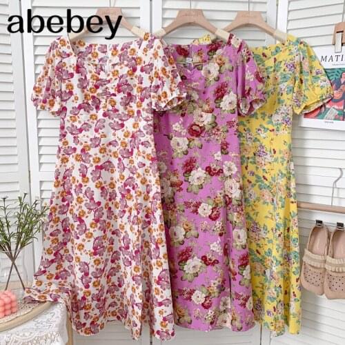 Sweet V-neck puff sleeve Dress high waist pleated waist floral print split A-line Dress 2021 New Summer Women