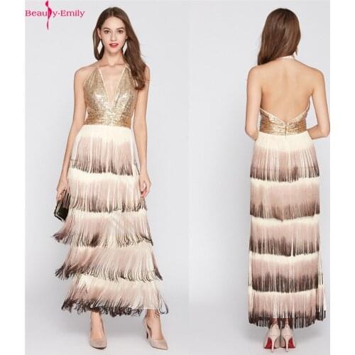 Beauty Emily Sexy Deep V Neck Open Back Evening Dress with Tassel 2019 Elegant Shine Sequined Sleeveless Long Formal Dresses