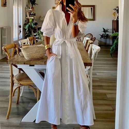 Women Summer Vintage Dresses V Neck Bow Belt Sundress Puff Short Sleeve Buttons Closure Shirt Maxi Dress 2021