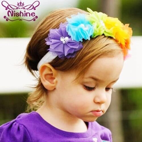 Nishine 1PCS Rainbow Color Mesh Lace Flowers Headband Six Flowers Children Girls Hair Accessories Infant Toddler Headwear