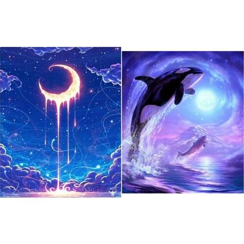 Diy 5D Diamond Painting By Number Kits, (Night Sky and Moon) & Diy Diamond Painting Whale Scenery Cross Stitch