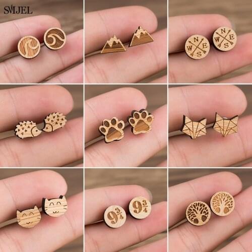 Bohemia Vintage Cute Wooden Earrings for Women Jewelry Wave Tree Compass Mountain Cat Fox Small Earrings Piercing Jewelry