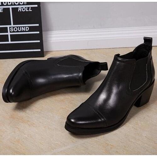 Black mens shoes high heels autunmn winter genuine leather chelsea military boots round toe zip shoes male cowboy boots mens