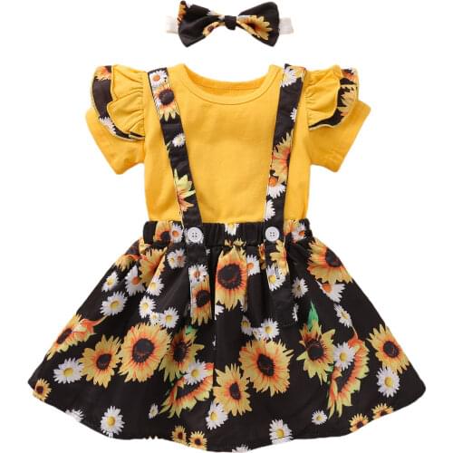Children Kids Girls Skirt Three Piece Outfits Short Sleeve Solid Top Sunflower Suspender Skirt Headband Toddler Summer Sets 1-6T