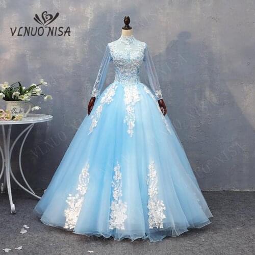 2020 New Arrival Vlnuo Nisa Full High Floor-length Ball Gown Tulle Regular Backless Vestidos De Graduacion Con Manga Graduation