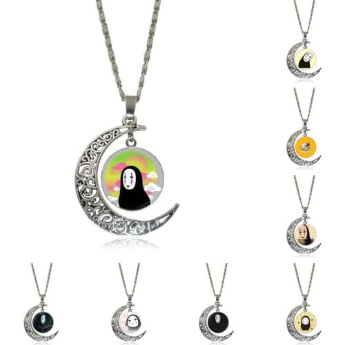 EJ Glaze No Face Silver Color Glass Cabochon With Hollow Out Moon Shaped Pendant Choker Necklace For Schoolgirl Maxi