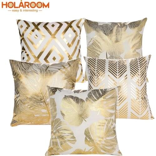 Holaroom Gold leaves pattern pillows case Geometric cushion cover hot stamping pillow case sofa throw home decor funda cojin