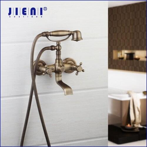 JIENI Telephone Shape Antique Bass Wall Mount Bathroom Bathtub Faucet Mixer Tap Stream Spout 2 Handles Shower Set w/ Hand Shower