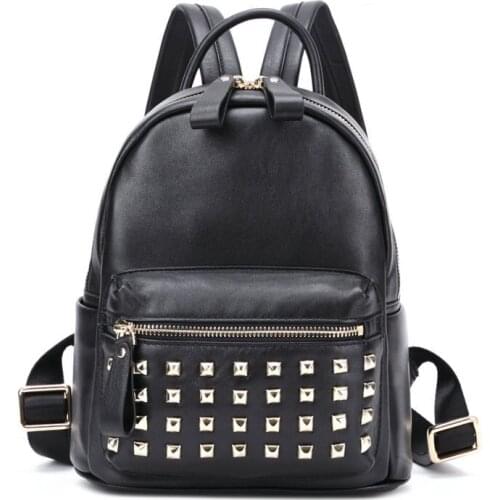 Classic Cow Leather Mini Rivet Backpack Women Outdoor Casual School Bag