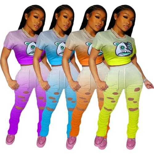 Echoine sexy Cartoon print Women Two Pieces Set Tracksuits T-shirt Hole Stacked Jogger Sweatpants Suit Fitness Casual Matching
