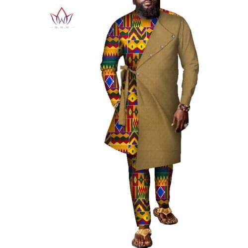 Mens African Clothing Bazin Riche Patchwork Long Top and Pants Cotton 2 Pieces Pant Sets Traditional African Man Clothes WYN1326