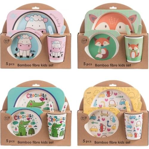 5pcs/set Baby Dish Training Tableware Children Cute Cartoon Feeding Food Dishes Kids Dinnerware with Bowl Cup Spoon Fork Plate