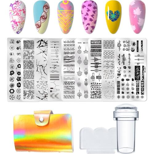 Lace Flower Nail Stamping Plates Kit Marble Plants Leaves Image Stamp Templates Set Striped Line Manicure Printing Stencil Tools