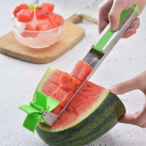 New Kitchen windmill Watermelon Slicer Artifact Cutter Tongs Corer Fruit Melon Stainless Steel Refreshing Watermelon Cubes