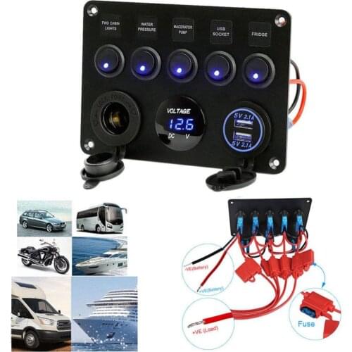 12V5 Gang Car Boat Interior Control Switch Panel Voltage Display USB Charger Car Switch Panel Digital Voltmeter Dual Port Outlet