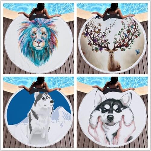 Beach Towel With Tasels Yoga Mat Cartoon Dog Cat Deer Snowman Printed Bath Towel For Kid Swimming Towels For Adult Picnic Mats