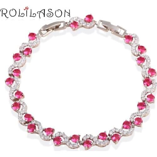 ROLILASON Individual Design Wedding Bracelets Permanent Light Silver Rose Red Zircon Fashion Jewelry TB1015