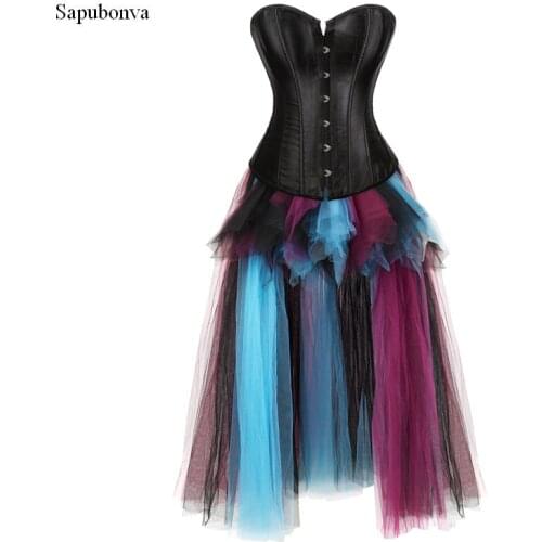 Sapubonva Sexy Gothic Victorian Corset Dress Overbust Corsets and Bustiers Long Skirt Set Mixed Colors Party Burlesque Plus Size