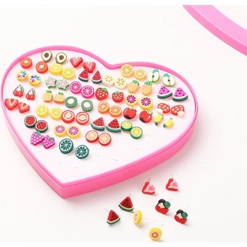 36 Pairs/set Handmade Earrings Girls Fruit Animal Clay Earring Stud Sets Childen Earring Set Mix With Heart Box Earrings Jewelry