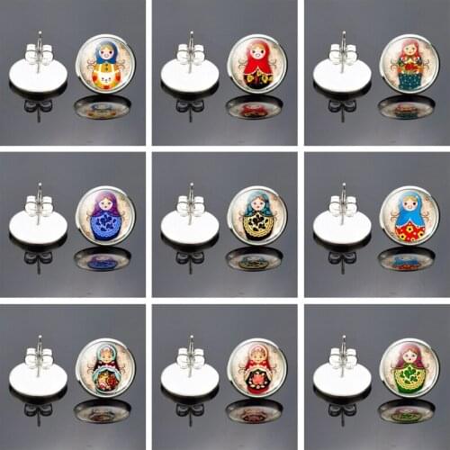 Russian Ethnic Doll Picture Glass Stud Earrings Handmade Silver color Earrings Russian Doll Earrings for Women Birthday Gifts