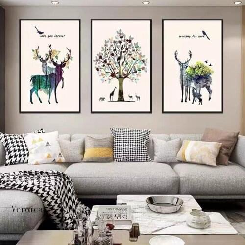 Modern Minimalist Abstract Cartoon Elk Poster Colorful Feather Love Tree Canvas Painting Print Living Room Home Decoration