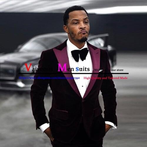 Dark Burgundy Velvet Groom Wear Slim Fit Peaked Lapel Men Business Tuxedos Jacket with Black Pants Formal Party Prom Men Suits