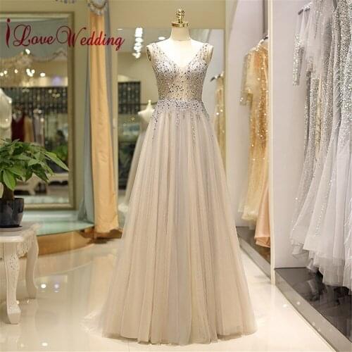 ILoveWedding Sexy V Neck Evening Dress Crystal Baedings Champagne Grey Tulle A Line Floor Length Open Back robe de soiree