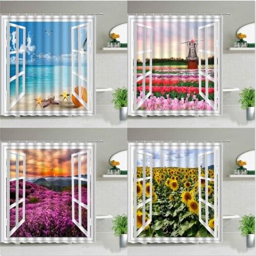 Spring Scenery Outside The Window Shower Curtain Natural Landscape Red Flower Plant Sunflower Home Bathroom Decor Bath Curtains