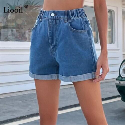 Liooil Curly High Waisted Jeans Shorts For Women 2021 Summer Blue Denim Shorts with Button Pocket Straight Leg Jeans Streetwear