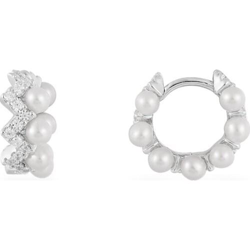 SLJELY Fashion Real 925 Sterling Silver Small Up and Down Zigzag Hoop Earrings with Natural Pearls Cubic Zirconia Women Jewelry