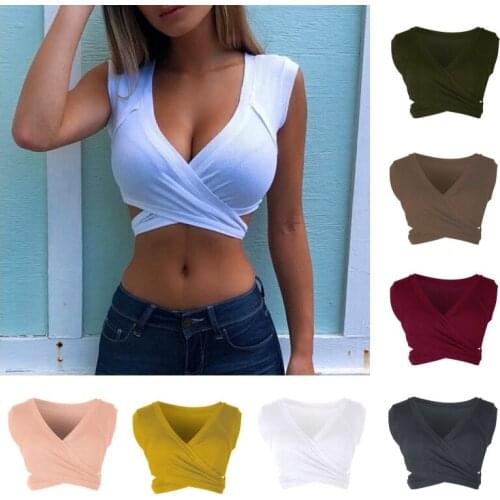 V-neck Sexy Tank Tops Solid crop top cropped Women Summer 2019 Short T Shirts clothes