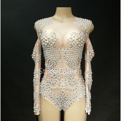 Women Sexy Stage Pearls Dance Costume Long Sleeve Bodysuit Women Outfit Pary Celebrate Bodysuit Nightclub Female Singer Leotard