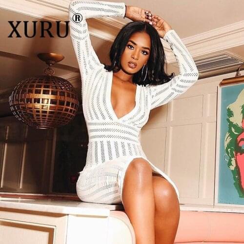 XURU Europe and The United States New Womens Dress Sexy V-neck Long-sleeved Bag Hip Pencil White Dress