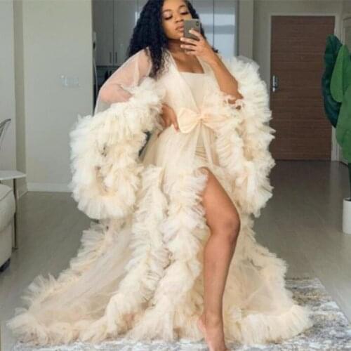 Beige Robe Shawel Illusion Ruffles Tulle Long Sleeves Women Winter Sexy Kimono Pregnant Party Women Bathrobe Sheer Nightgown
