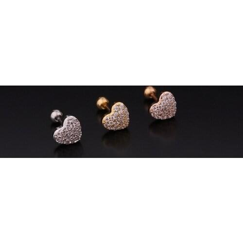 1 PCS Elegant Micro Pave CZ Heart Shape Piercing Ear Cuff Stud Earring Helix Piercing Cartilage Stainless Steel Bar Ear Jewelry
