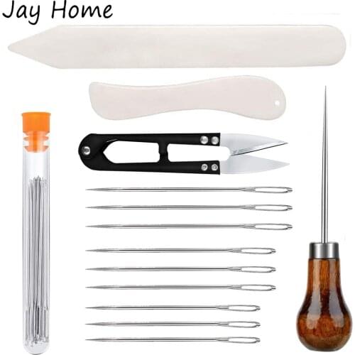 13PCS Bookbinding Tools Kit Sewing Awl & Bone Folder Tool & Leather Hand Sewing Needles & Yarn Cutter for DIY Leathercraft