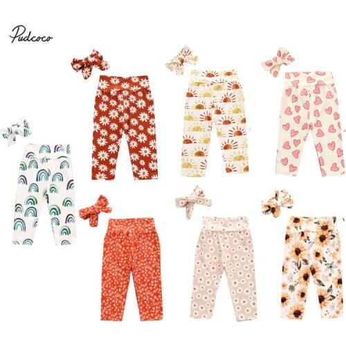 2020 7 Colors Infant Baby Girls Floral Pants With Headband Sun/Sunflower/Rainbow/Daisy/Heart Print Long Pants Bottoms Kids Pants