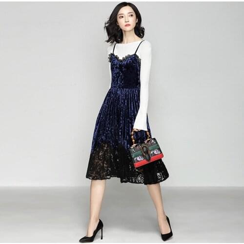 2020 Elegant Velvet Dress Women Spring Autumn Clothes Lace Party Dresses Sleeveless Pleated Dress Female vestido 4080140