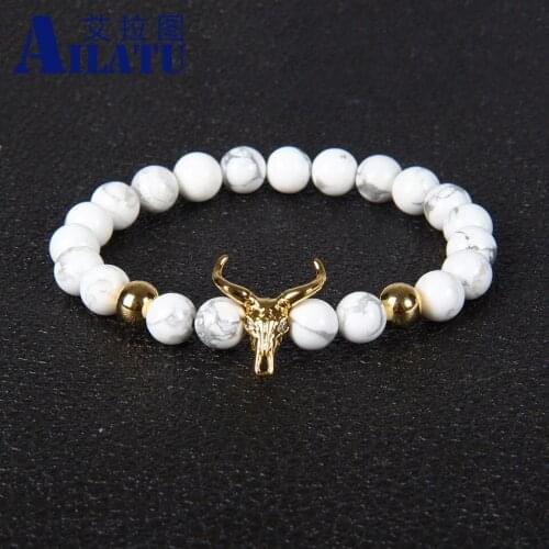 Ailatu 10pcs/lot Wholesale 8mm White Howlite Marble Stone Beads Cow Head Bracelet Luxury Men&Women Animal Charm Jewelry
