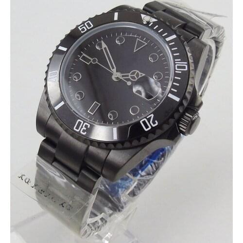 40mm Black Dial Automatic Mechanical Sapphire Glass Miyota PVD Coated Bracelet Strap Date Window Self Winding Mens Watch